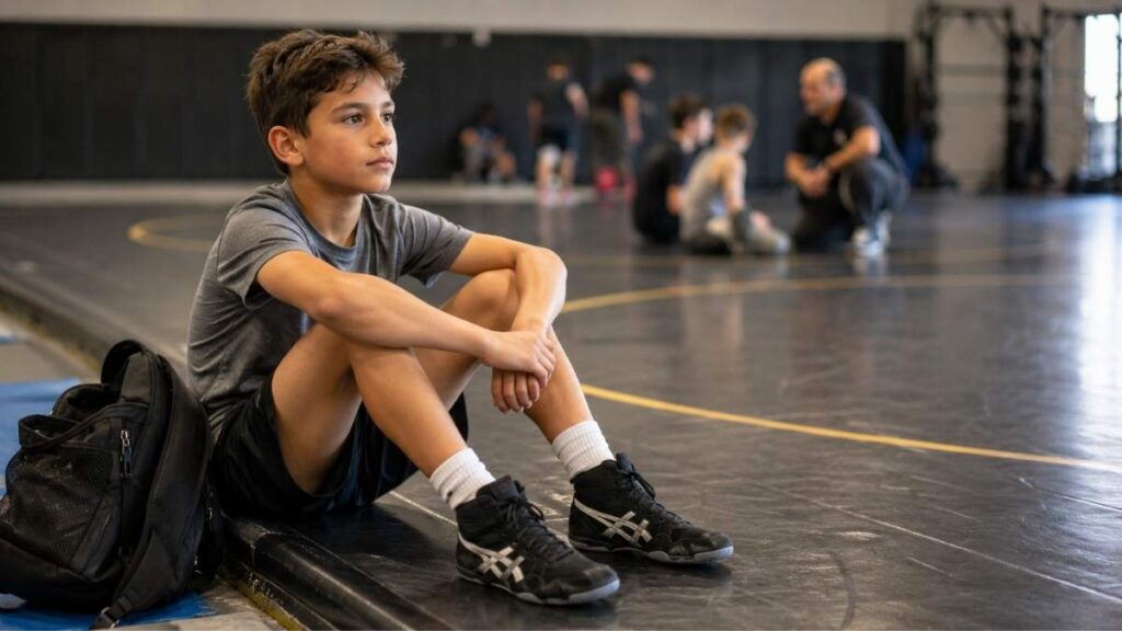 Young wrestler sitting on the mat after practice, reflecting on discipline, resilience, and life lessons learned through wrestling.