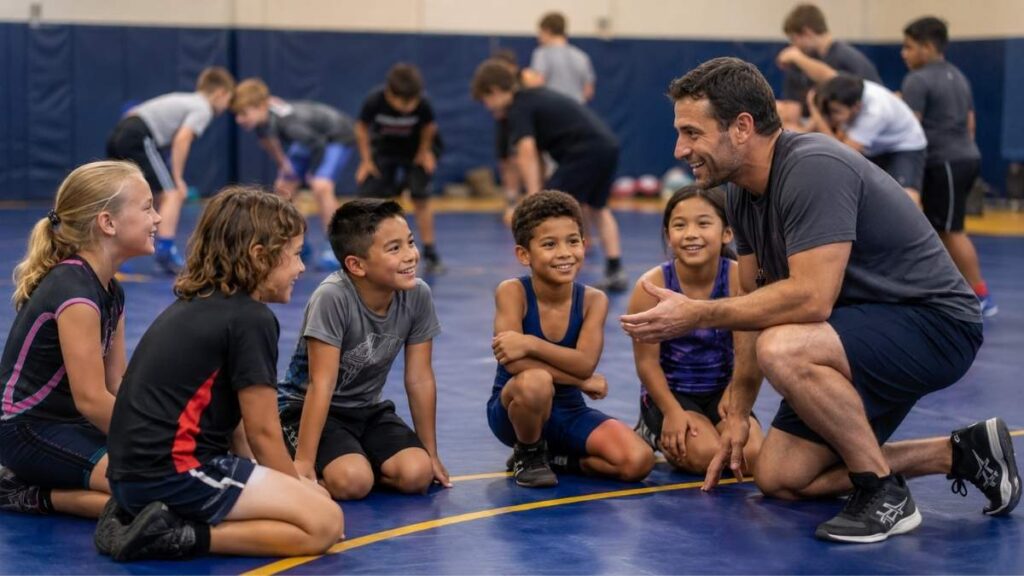 Youth wrestling coach talking with kids during practice in a welcoming wrestling gym environment.