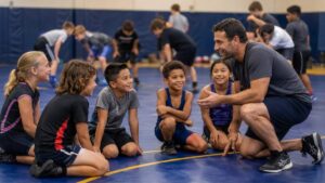 Youth wrestling coach talking with kids during practice in a welcoming wrestling gym environment.