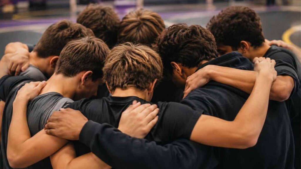 Wrestling athletes in a team huddle supporting each other before practice or competition