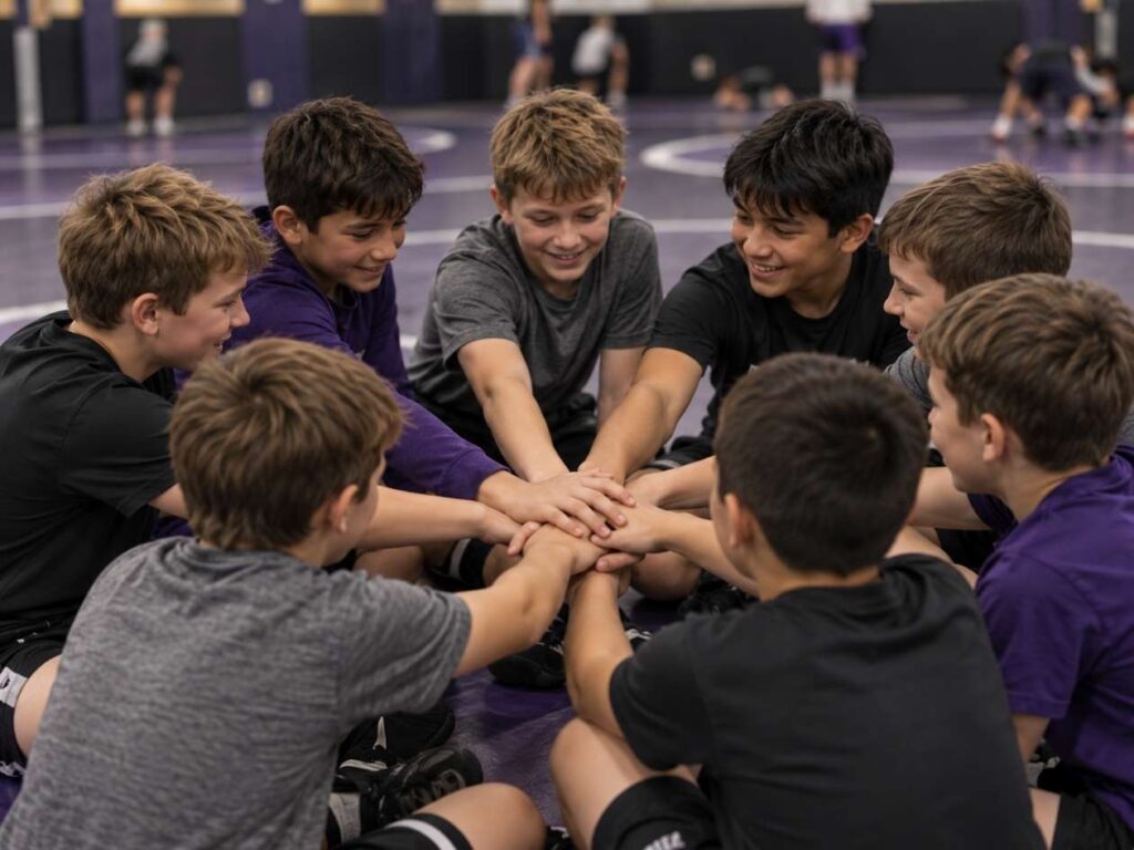 Youth wrestlers joining hands in a team huddle during wrestling practice