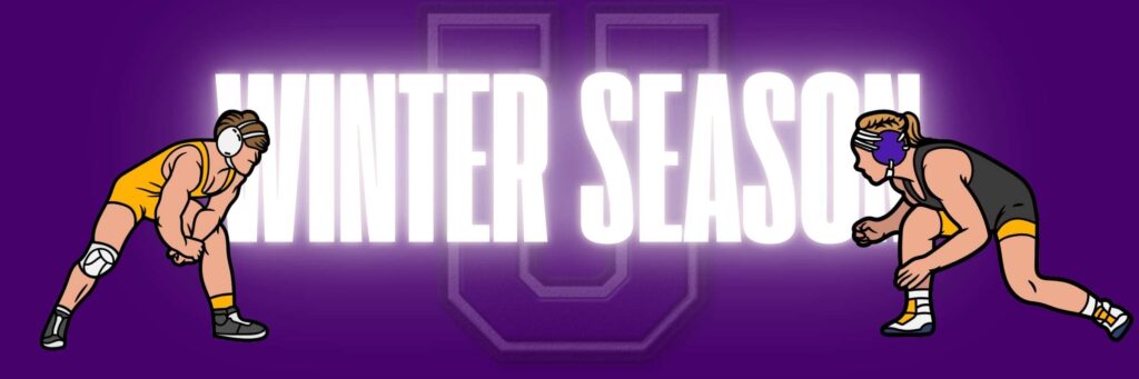 Ukiah Wrestling Club Winter Season banner featuring two illustrated wrestlers in purple and gold